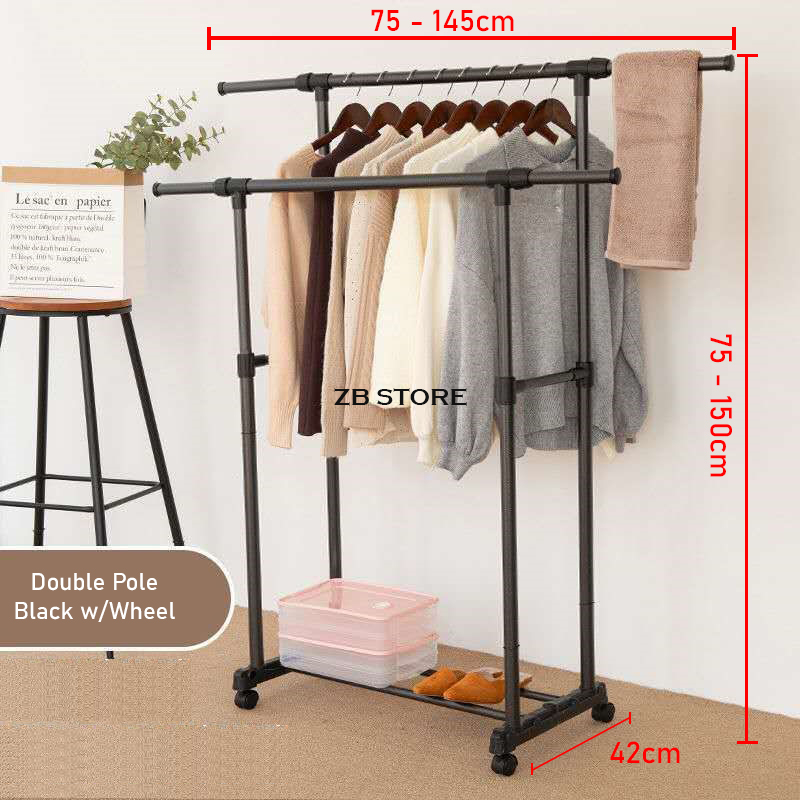 (SG STOCK) Adjustable Single & Double Pole Clothes Rack Stand Drying Rack Clothing Portable Hanging with Wheels