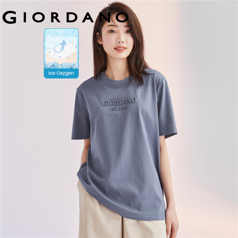 GIORDANO Women T-Shirts High-Tech Ice Oxygen Bar Crewneck Letter Embossed Casual Tee Short Sleeve Summer Basic T-Shirts 05322399