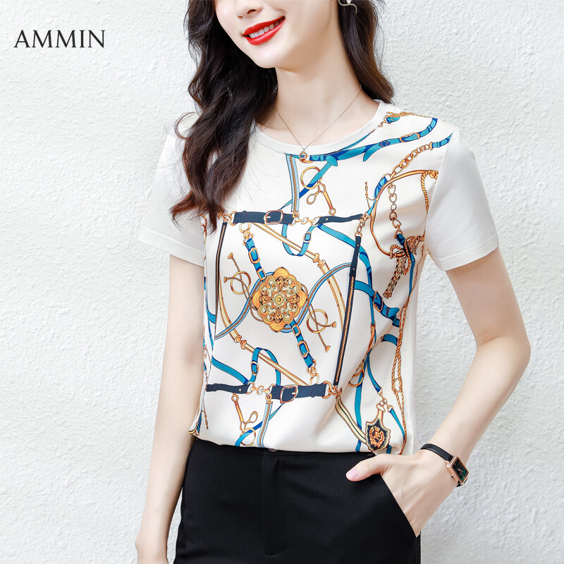 AMMIN Tops 2021 new short-sleeved simple fashion all-match blouse women's summer digital personality chain print loose round neck Korean fashion satin silk T-shirt