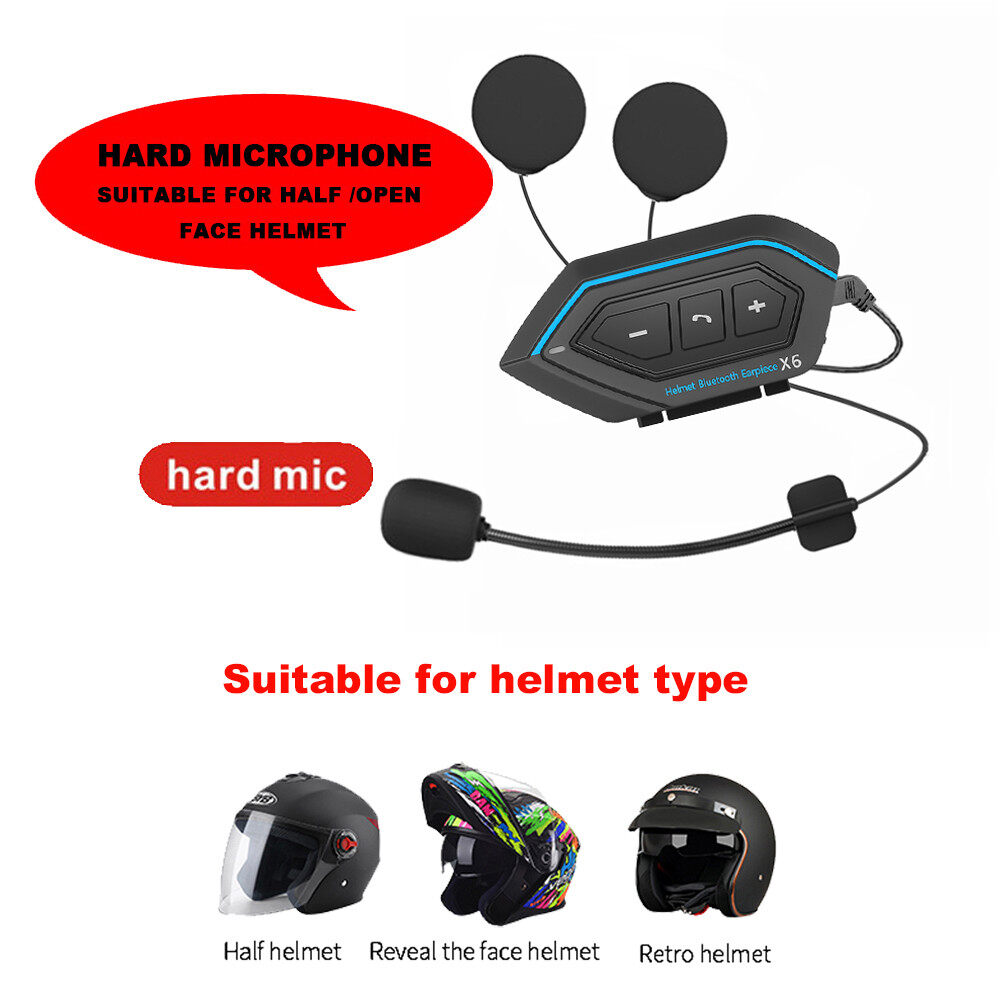 X6 Motorcycle Helmet Headset BT5.0 Interphone Bluetooth Stereo MP3 Speaker Waterproof(Hard Mic)