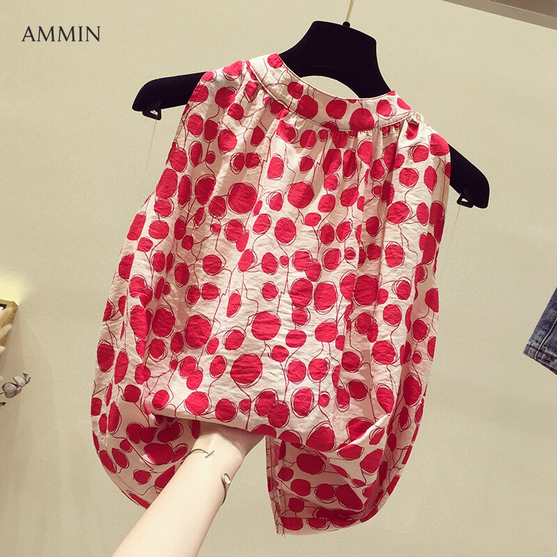 AMMIN Sleeveless chiffon t-shirt women's 2021 summer new Korean style loose floral printing off-shoulder foreign style small shirt leaking shoulder sweet blouse top