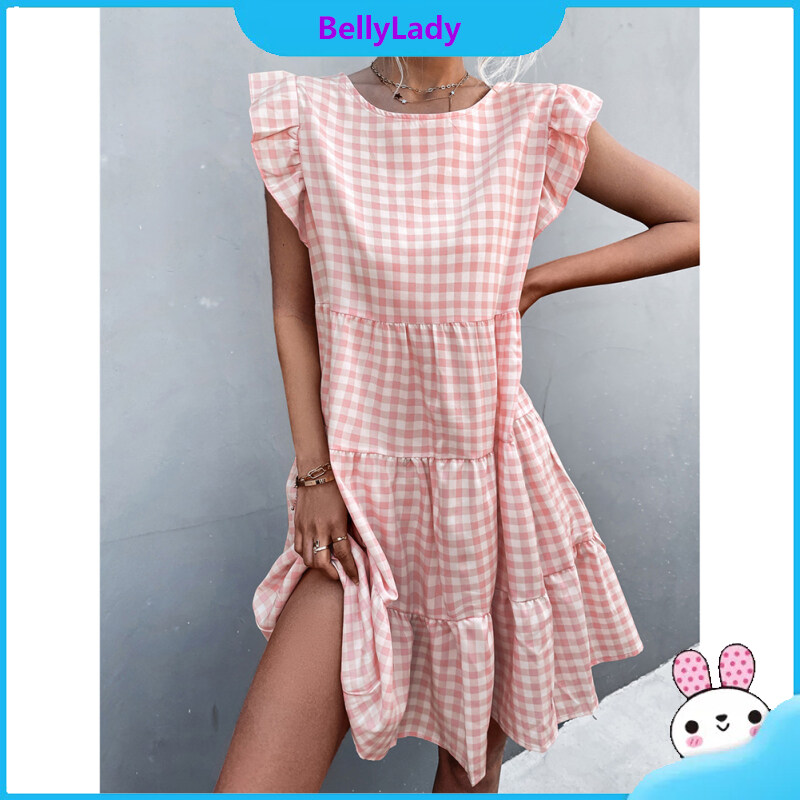 Women Plaid Printing Ruffled Short Skirt Round Neck Flutter Sleeves A-line Skirt Sleeveless High Waist Dress
