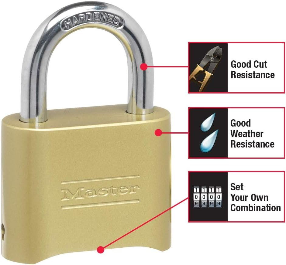 Master Lock Gold Combination Padlock, Gate Lock for Outdoor Fence or Shed, Small Lock with Customizable Code for Indoor or Outdoor Storage, 4 Pack, 175EC4