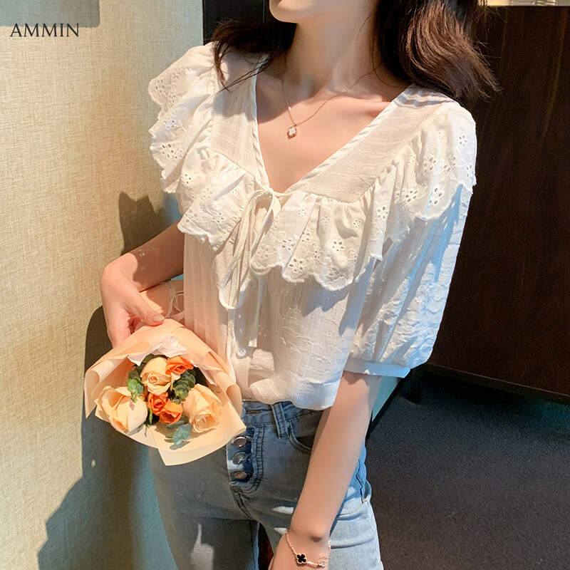 AMMIN Sweet short-sleeved chiffon shirt 2021 summer new Korean version of all-match V-neck lace with ruffled hollow stitching lantern sleeve blouse tops