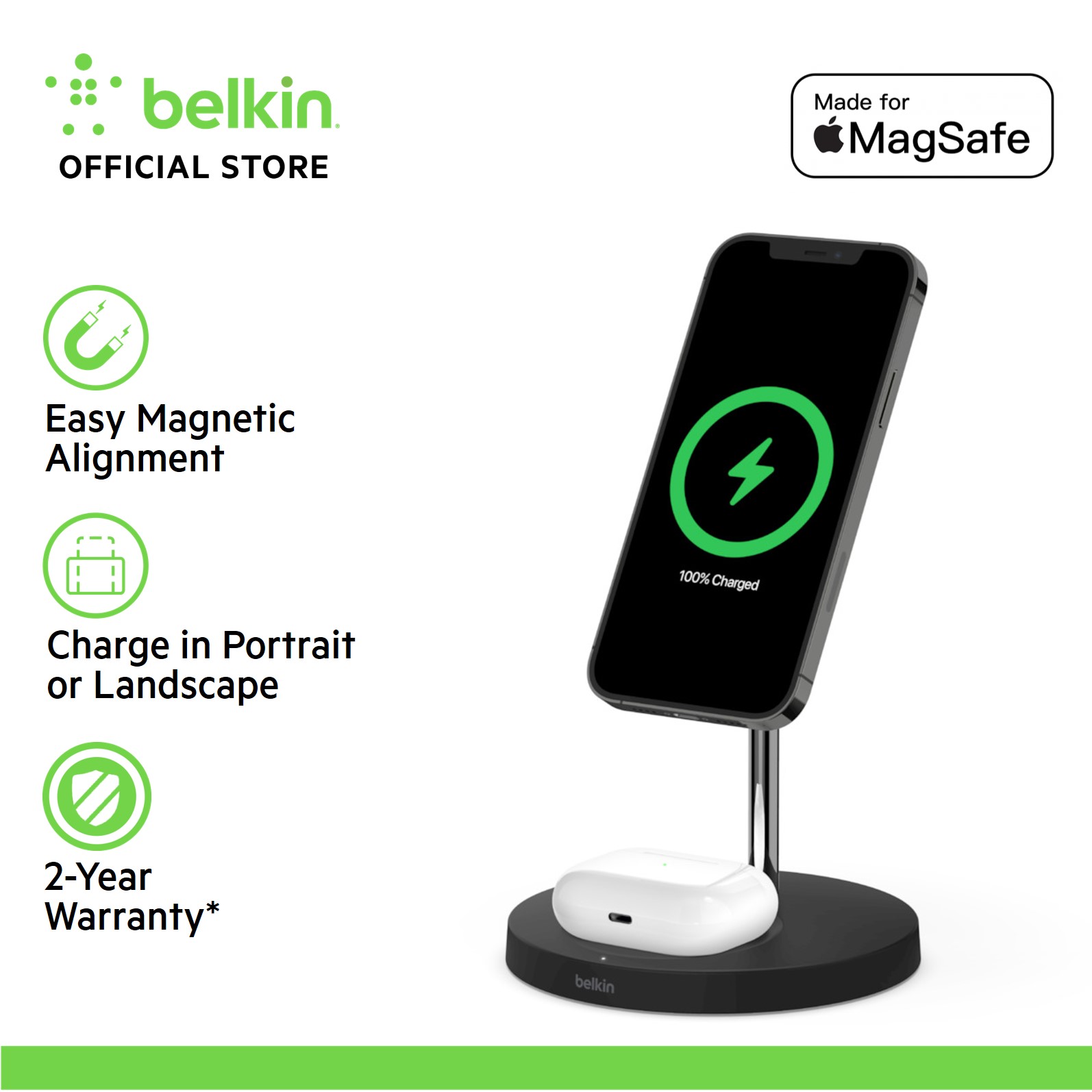 Belkin WIZ010my BoostCharge PRO 2-in-1 Wireless Charger Stand with MagSafe 15W and Power Adapter (iPhone 14/13/12)