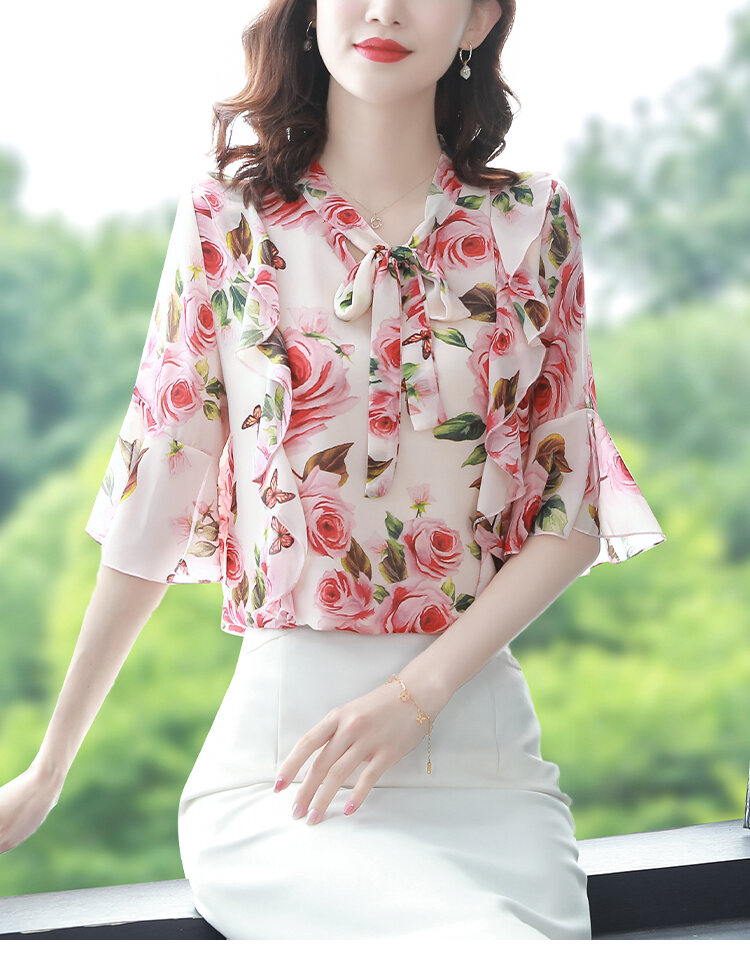 New Floral Chiffon Shirt Women's Fashionable Elegant Small Shirt Age-Reducing Stylish Chiffon Top