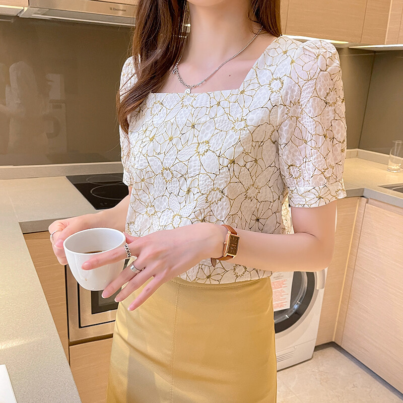 AFEG new Korean style square neck fashion loose and versatile printed short-sleeved blouse for women