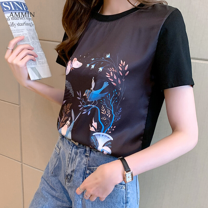 AMMIN Silk and cotton stitching round neck exquisitely printed t-shirt women's 2021 summer new short-sleeved mulberry silk loose-printed elegant blouse chic tops