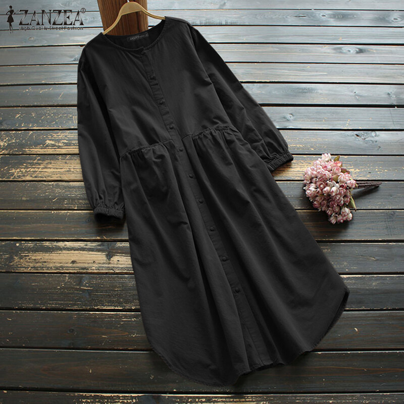 ZANZEA Women Full Sleeve Casual Holiday Party Plain Baggy Long Maxi Shirt Dress