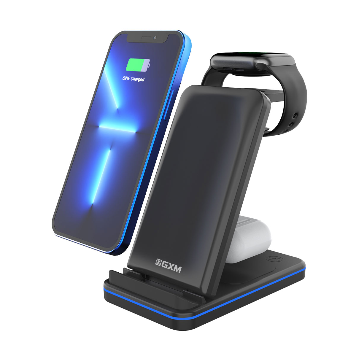 GXM 3in1 15W Wireless Charger Charging Stand Dock For iPhone 14 Pro Max 13 12 Samsung Huawei Xiaomi OPPO VIVO Apple Watch AirPods Charger WC-1502 Foldable Design Fast Wireless Charging Dual Charging C