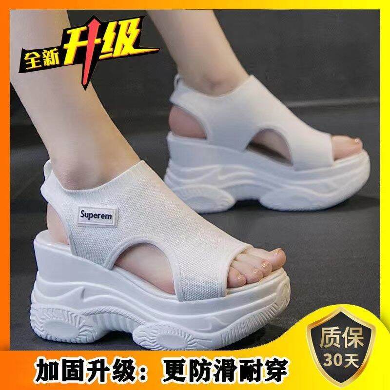 2022 Summer New 8cm Peep Toe Shoes Fairy Style Platform High Heel Flyknit Slanted Heel Platform Sports Women's Sandals