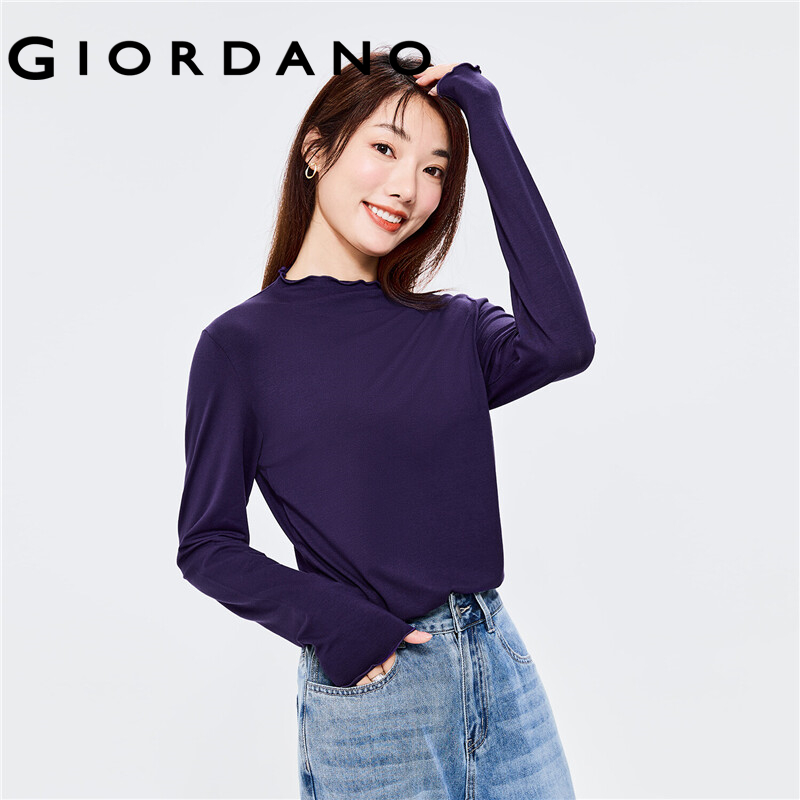 GIORDANO Women T-Shirts Stringy selvedge Edge Mockneck Stretchy T-Shirts Simple Plain Color Long Sleeve Casual Tee 13322901