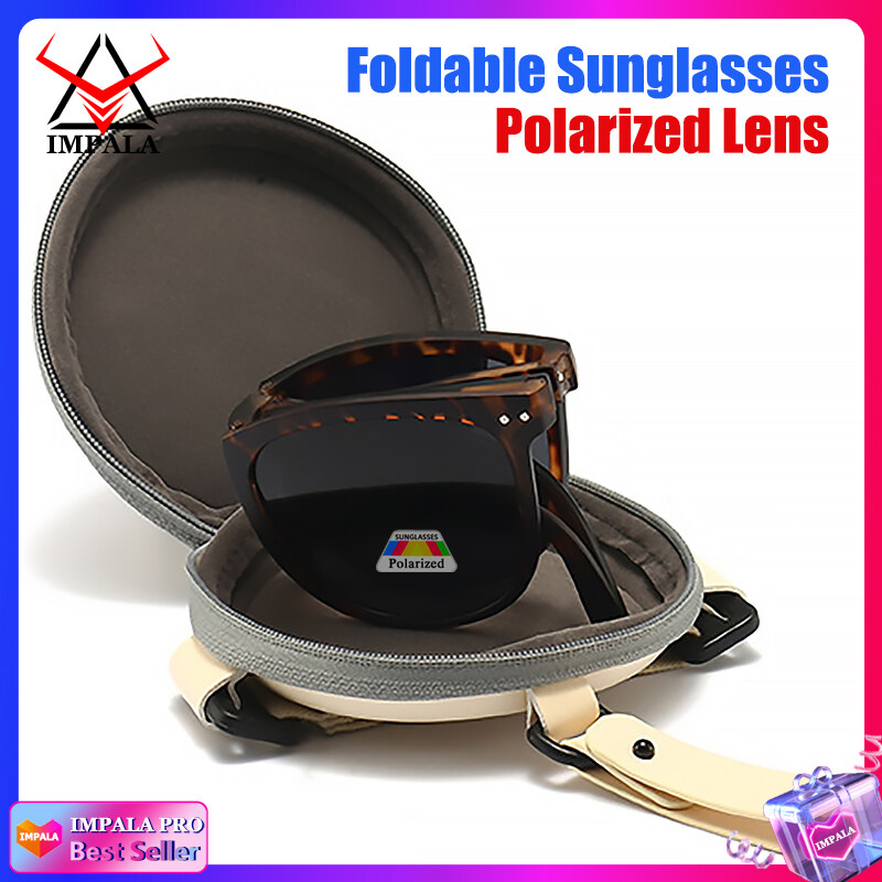 IMPALA PG1645Y Fashion Korean Style Polarized Foldable Sunglasses for Women HD Lens Sun Glasses with Cute Round Glasses Case Anti Glare UV400 Protective Sun Glasses