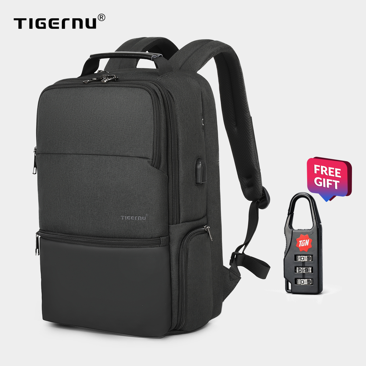 【Free shipping】Tigernu 15.6  RFID Anti theft Water resistant With USB Charging Port Laptop bag travel backpack for men