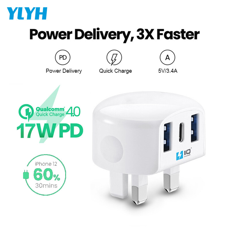 YLYH A15 USB C Travel Wall Charger 17W 3.4A UK Plug Fast Charging Charger Multi Port Power Adapter For iPhone/Huawei/Xiaomi
