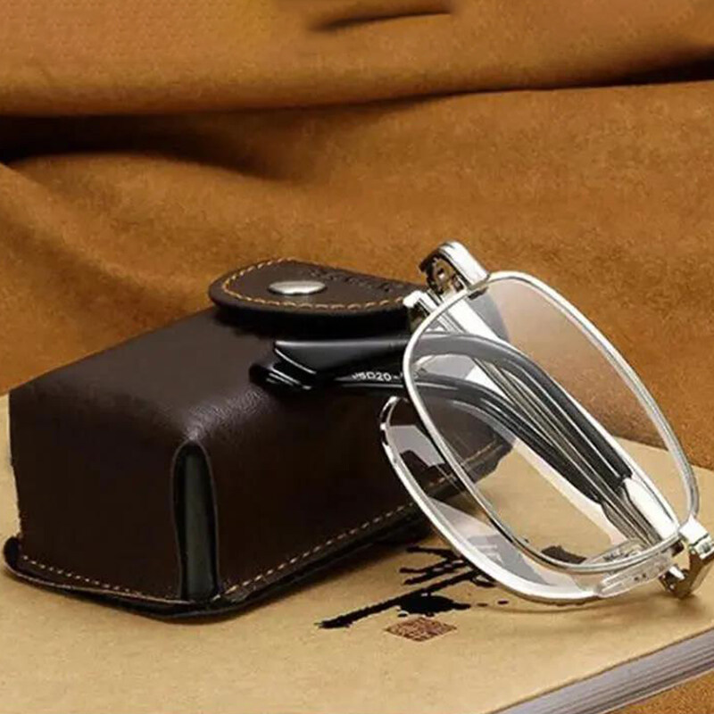Folding Reading Glasses with Leather Case Anti-Blue Anti-Radiation Progressive Bifocal Glasses for Men Portable Magnifying Eyeglasses +100~+400 PTQ