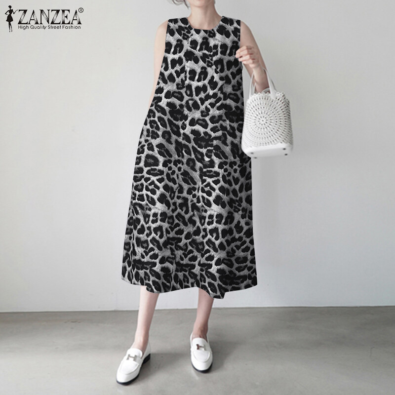 ZANZEA Womens Sleeveless Print Dress Sundress O Neck Bohemian Maxi Dress Loose Plus