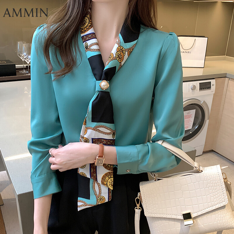 AMMIN Korean Style Slim All-match Chiffon Shirt For Women Long Sleeve V-neck Fashion Lace-up Top Lady Design Blouse