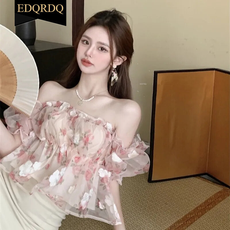 EDQRDQ Off Shoulder Floral Blouses Chiffon Mesh Puff Sleeve Sexy Shirts Tops