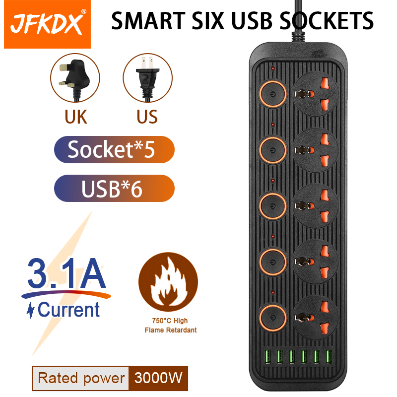 (Gift)JFKDX A06 UK Plug 3000W Power Strip 3 Universal Outlet+6 USB Extension Socket 3.1A Separate Switch Wall Mounted For Home Office With 2 Meter Power Socket