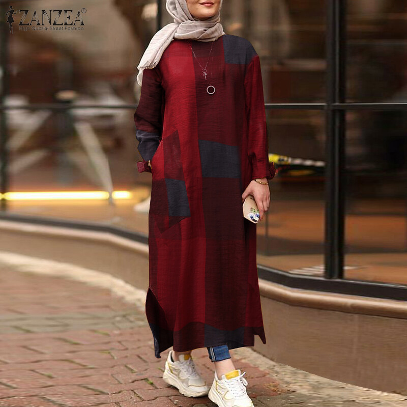 ZANZEA Women Muslim Casual Check Print Dresses Long Sleeve Autumn Dress