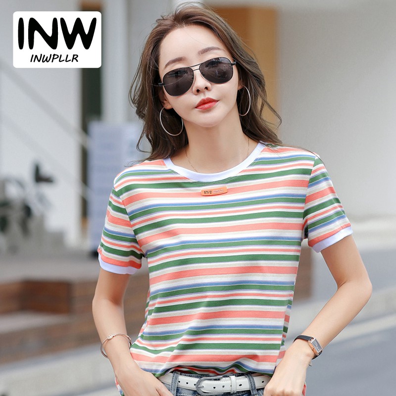 INWPLLR Colorful Striped T-shirts Women Tight Label O-Neck Tops Western Style Short Sleeve Lady Tshirts