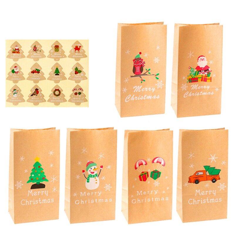 12Sets Christmas Kraft Gift Bags Santa Snowman Xmas Tree Paper Bag With Stickers Party Favor Wrapping Supplies Envelopes