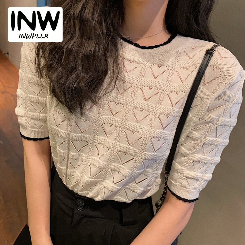 INWPLLR Women Tops Short Sleeve Turn-down Collar Houndstooth T-shirts Summer Super Fire Knit Plaid Tshirt Female