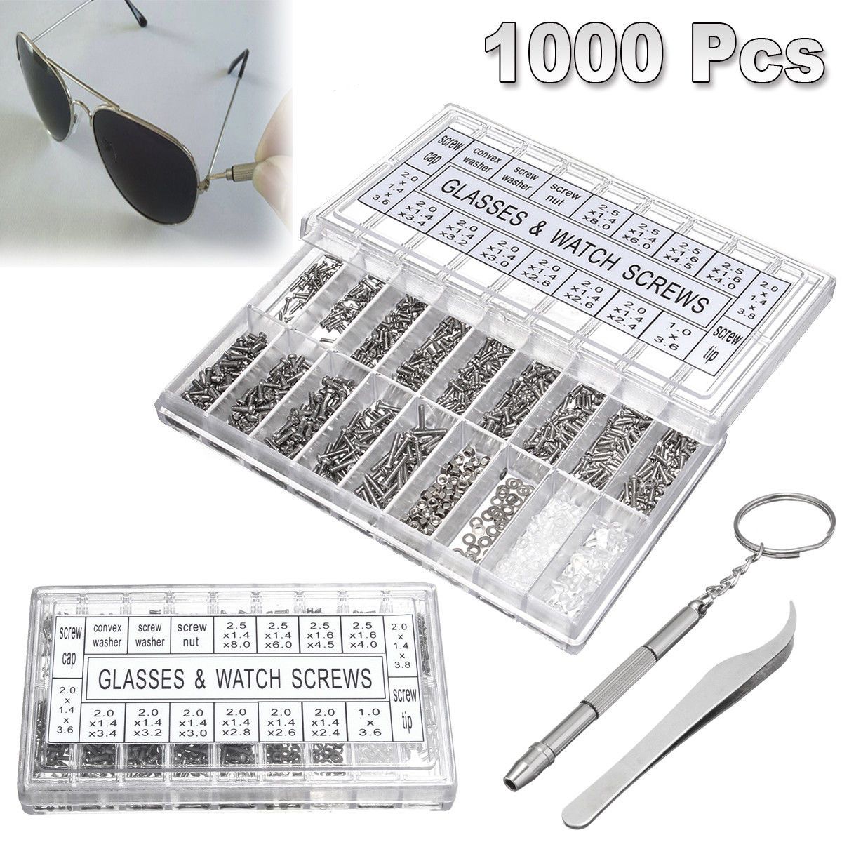 CHE24 1000PCs Fashion Spectacles Watch Screwdriver Cotton Cloth Glasses Repair Screw Assorted Kit Screw Nut Screwdriver Assorted Kit Glasses Sunglasses Repair Tool Kit