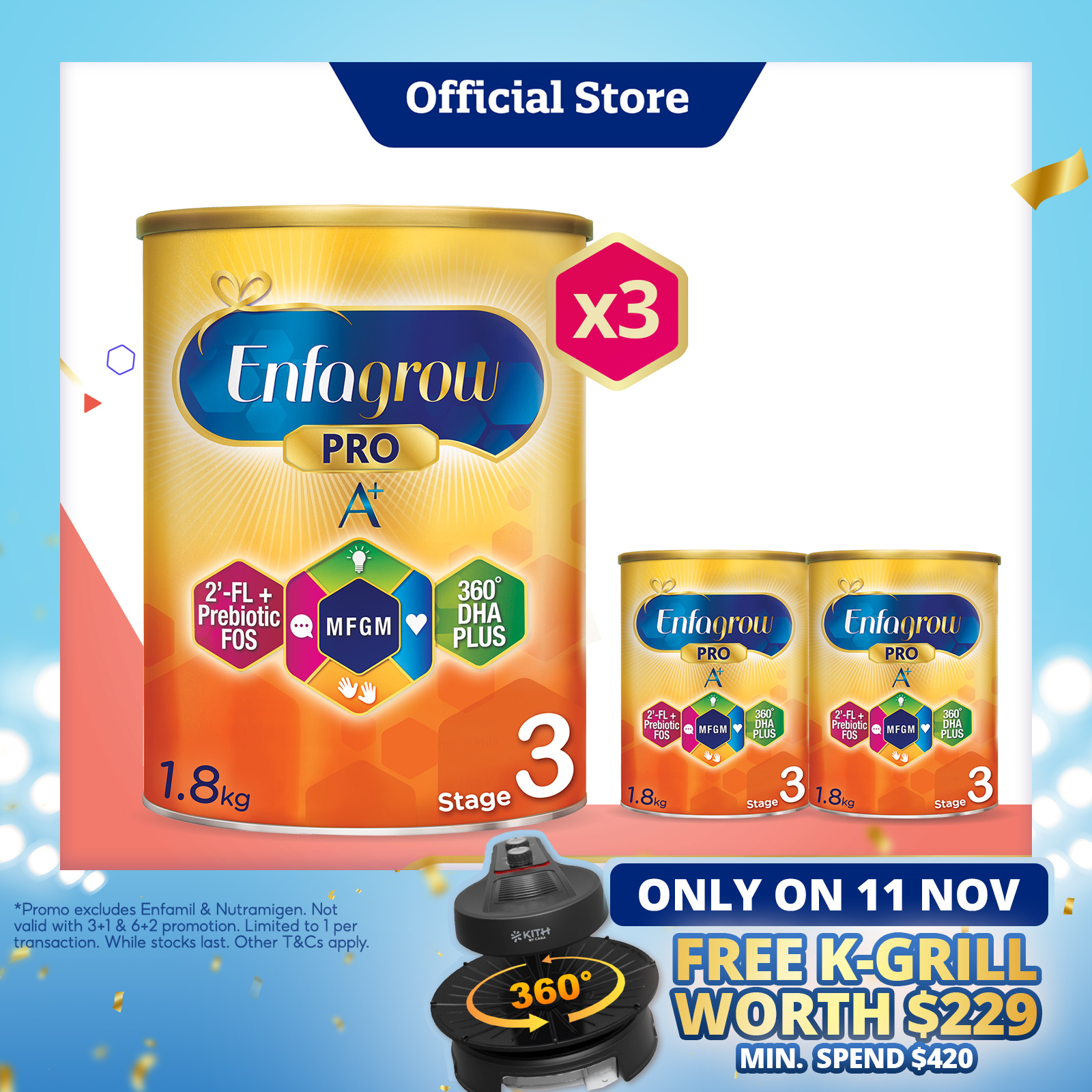 [Bundle of 3][NEW MFGM + 2'-FL] Enfagrow Pro A+ Stage 3 1.8kg for Children (1-3Y