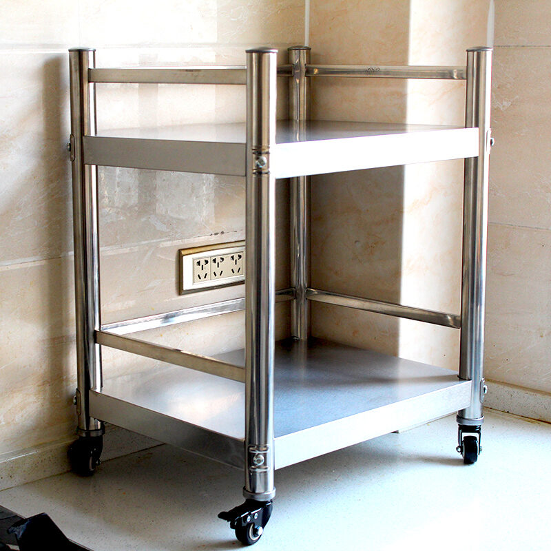 Stainless Steel Kitchen Rack with Wheels Two-Layer Fence Microwave Oven Rack Pot Rack Seasoning Rack Floor Storage Rack