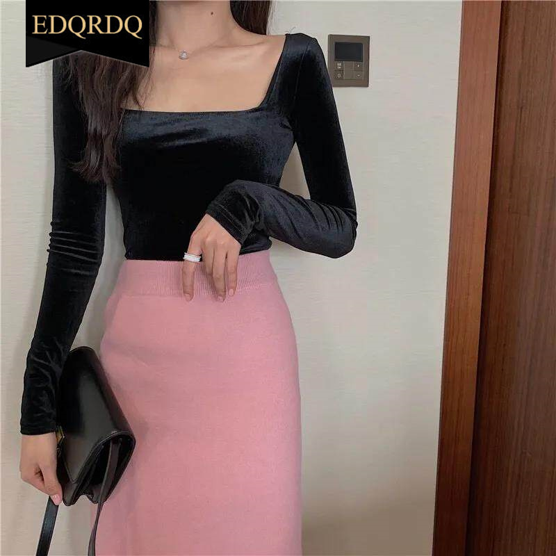 EDQRDQ Womens Vintage Velvet Long Sleeve Square Neck T Shirts Tops Tees