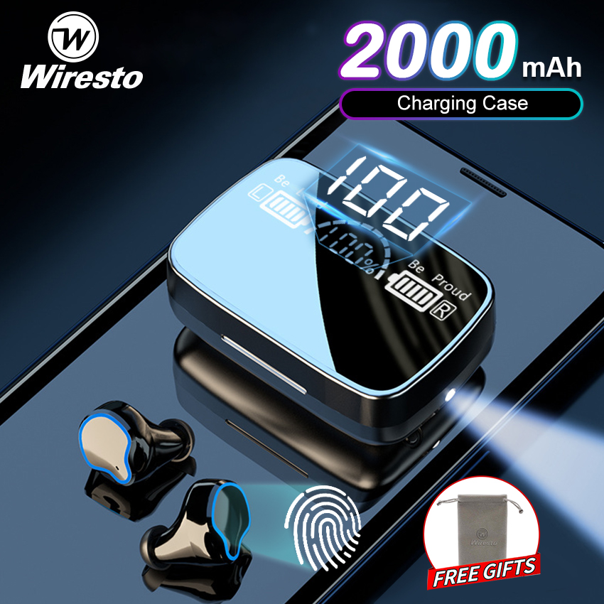 Wiresto TWS Earphone Wireless Gaming Earbuds Bluetooth 5.1 In-Ear Headphones Waterproof Sports Headsets LED Display HIFI Stereo Phone Emergency Charging Hands Free Earphone With Large Capacity Chargin