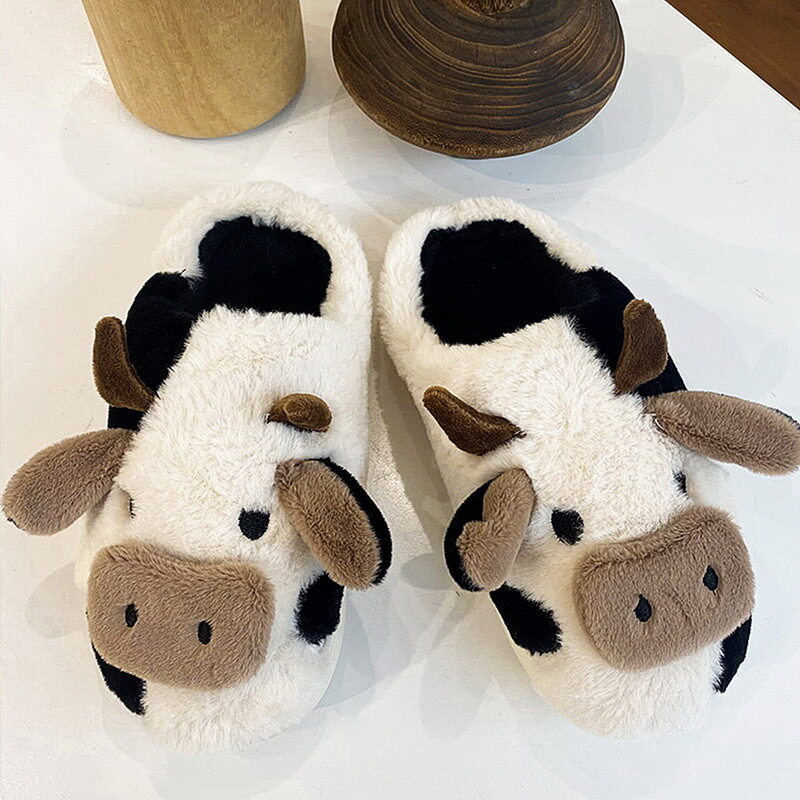 Cute Animal Slipper For Women Girls Fashion Kawaii Fluffy Winter Warm Slippers Woman Cartoon Milk Cow House Slippers Funny Shoes