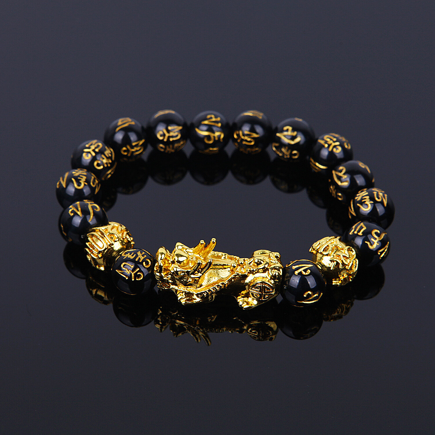 【PrettySet】 Lucky Gold PiXiu Bead Bracelet Feng Shui Prosperity Hand Carved  Bead Jewelry Black Attract Wealth Bracelet S15
