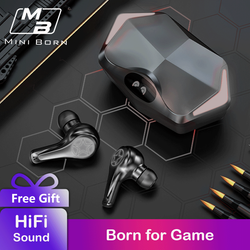 MiniBorn Bluetooth Earphone Wireless Earbuds Gaming Headphone Handsfree Ear Phone Bass Extra Earphone for Handphone with Mic