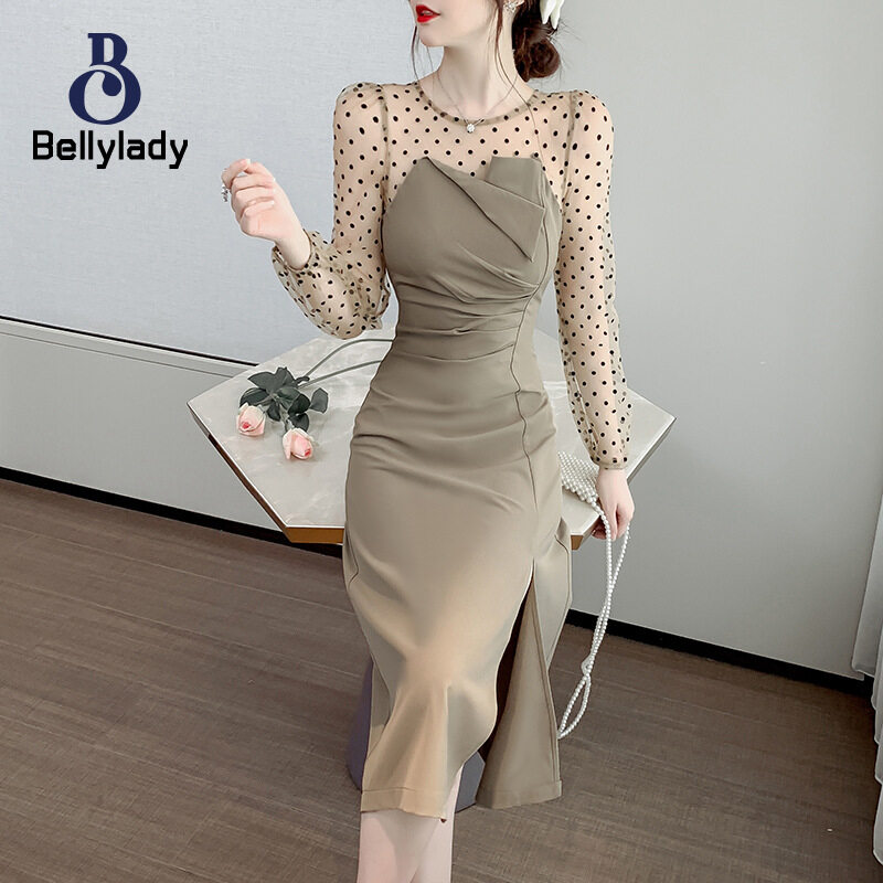 BellyLady Women Sexy Dress Mesh Long Sleeves Sweet Trendy Polka Dot Solid Color Dress For Girls Gifts