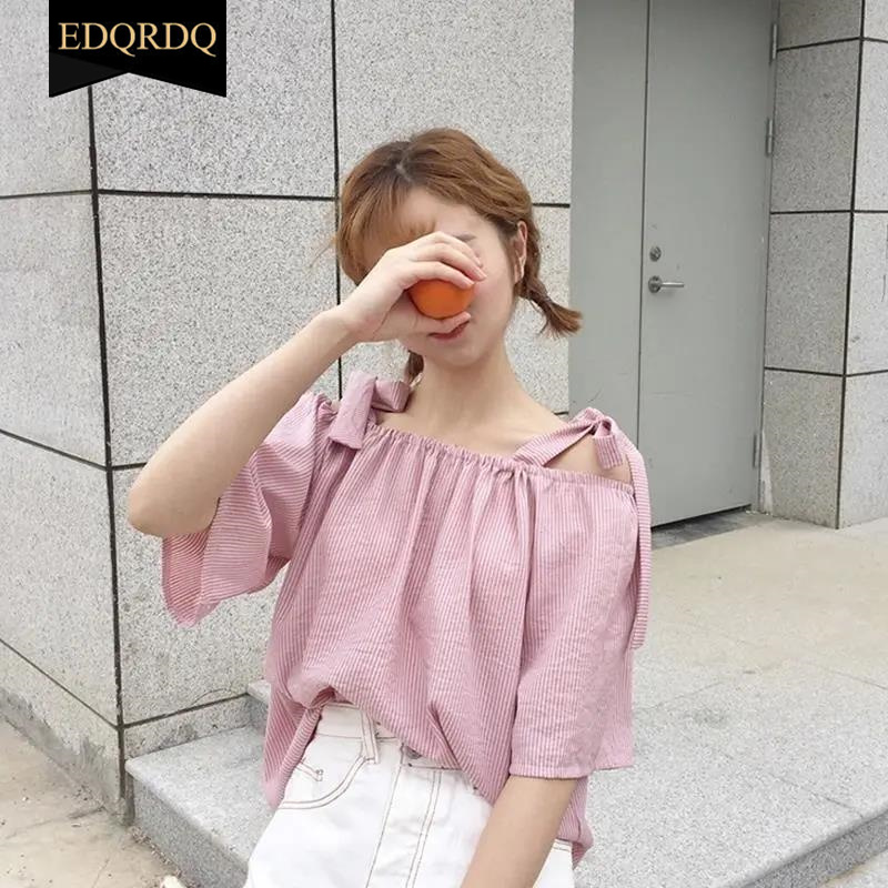 EDQRDQ  Womens Summer Off Shoulder Blouse Striped Lace Up Top 3/4 Sleeve Casual Chiffon Tops Shirts