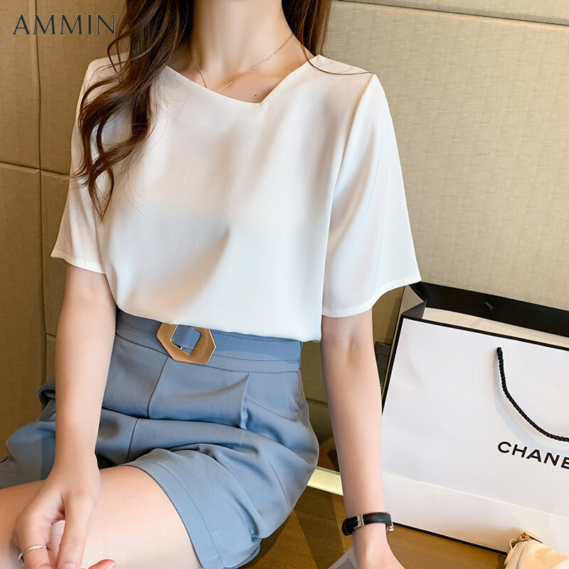 AMMIN 2022 summer new all-match satin slant-neck short-sleeved shirt women's Korean style fashion elegant side V-neck chiffon top
