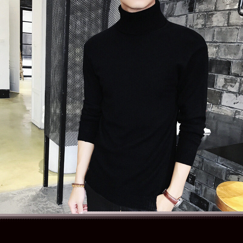 Thickened Men's Turtleneck Sweater Winter Woolen Sweater Korean Style Tight Fleece-Lined Black Bottoming Shirt Men's Clothing