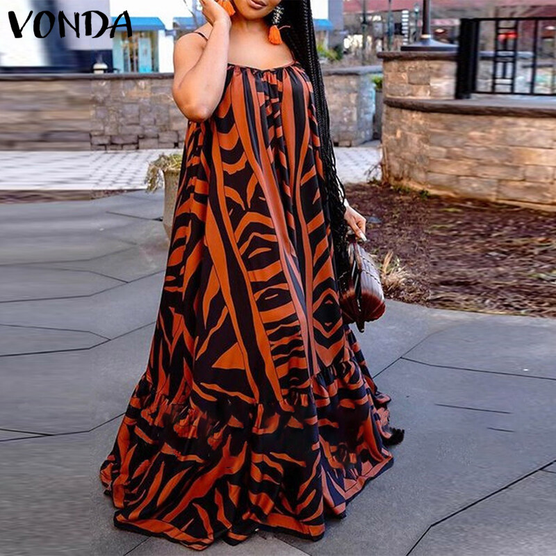 VONDA Womens Elegant Shirt Dress Formal Printed Sundress Oversized Maxi Cami Sundress (Plus Size)