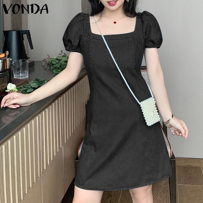 Forevercan VONDA Women Fashion Short Sleeve Holiday Party Denim Dress