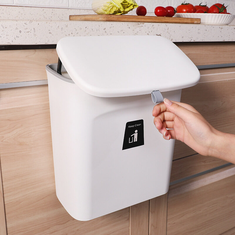 【Ready Stock】Hanging Trash Can for Kitchen Cabinet Door with Lid Wall Mounted Counter Waste Bin Plastic