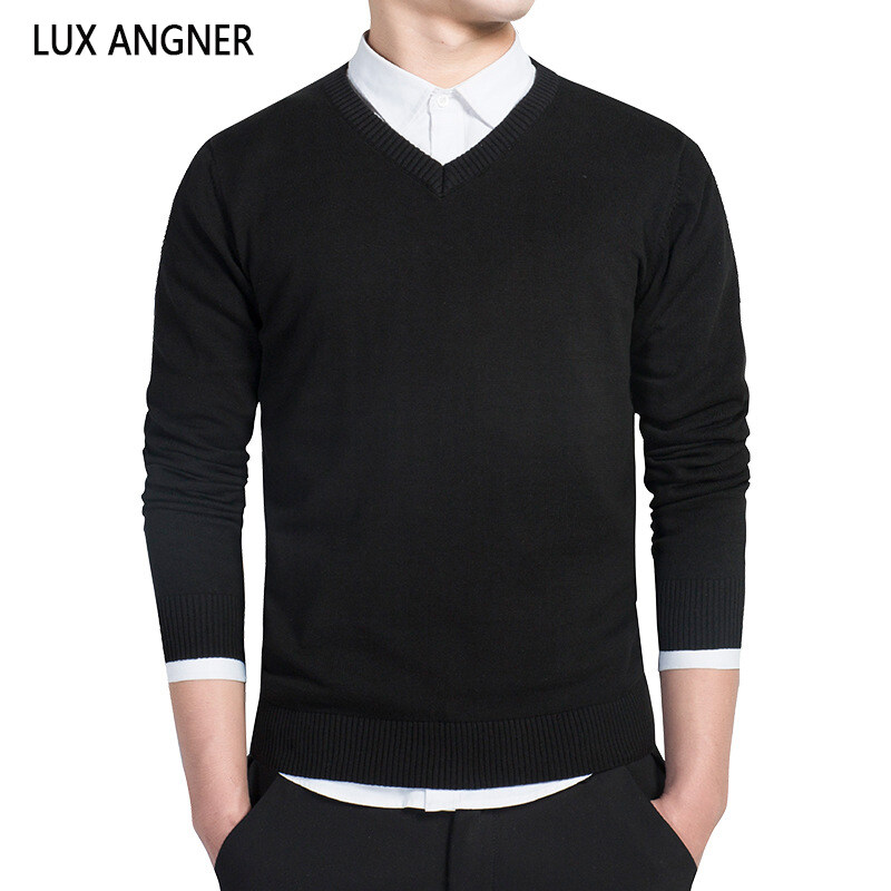 LUX ANGNER Autumn Winter 100% Cotton Sweater Men Casual Solid V neck Pullover Sweaters Men Fashion Knitted Warm Sweater