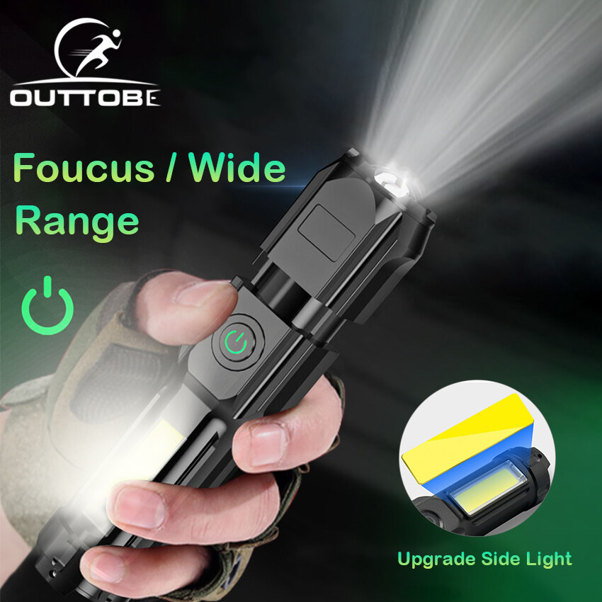 Outtobe Powerful Flashlight waterproof original Bright Led Flashlight Outdoor Focusing  Torchlight Portable Home Emergency Lamp Built-in Battery USB Rechargeable Torchlight Zoom-able focus Light T6 Pe