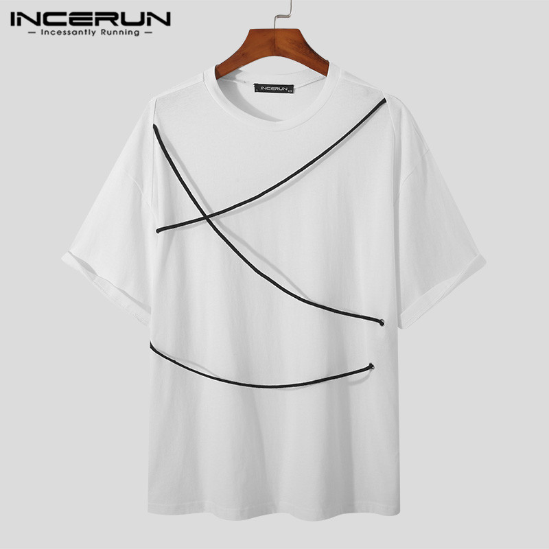 INCERUN Mens Womens Short Sleeve T Shirt Round Neck Casual Blouse Holiday Beach Tee Tops (Korean Style)