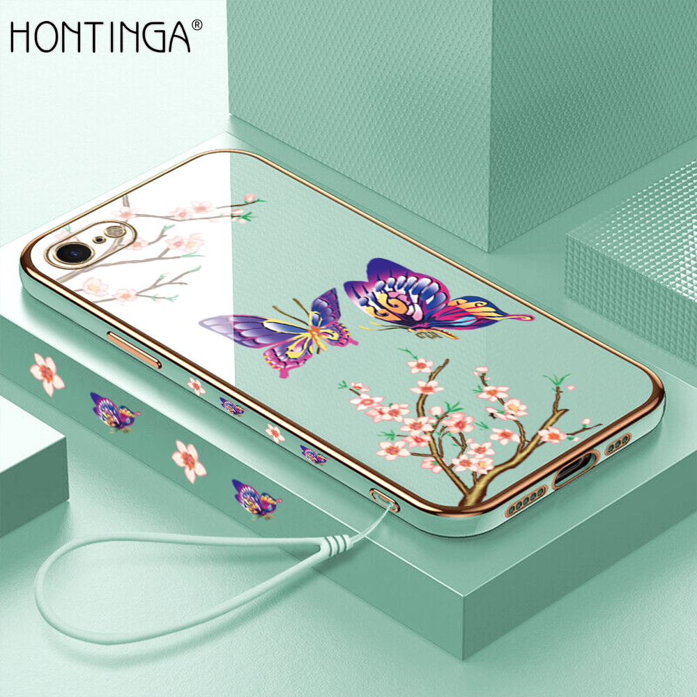 Hontinga Casing Case For New iphone SE 2022 SE3 SE 3 Case Fashion Colorful Butterfly Luxury Chrome Plated Soft TPU Square Phone Case Full Cover Camera Protection Anti Gores Rubber Cases For Girls