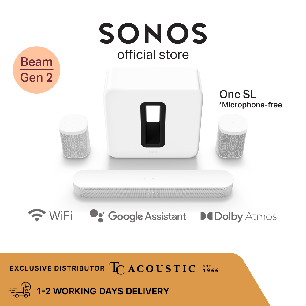 5.1 Sonos Beam (Gen 2) Soundbar For TV With Dolby Atmos Set with One SL and Sub - Wireless Home Theater System