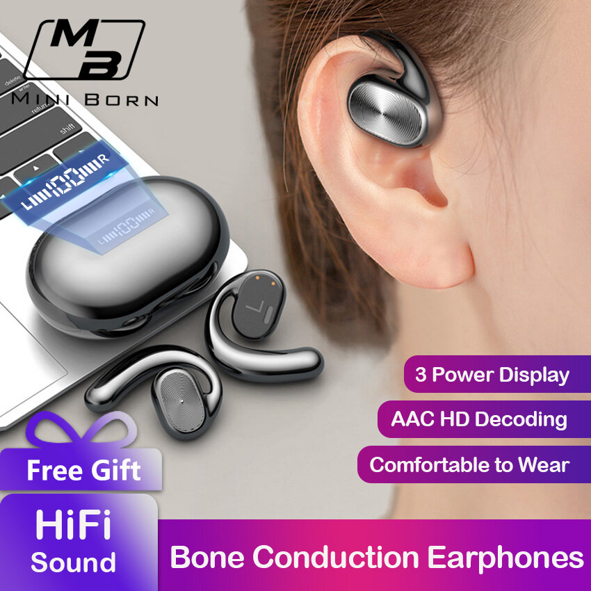 Mini Born TWS Bluetooth Earphone Bone Conduction Headphones Ear hook Earphones LED Display Earphone 65ms Low Latency Gaming Headphones Non-In-Ear Headset HD Stereo Earbuds Waterproof Sweat-proof Earph