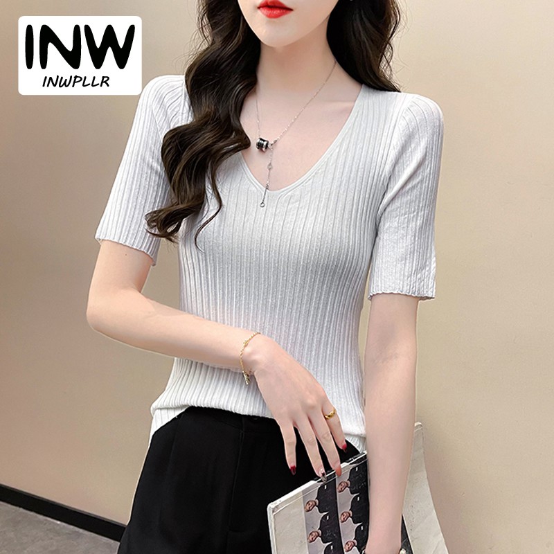 INWPLLR Summer New Korean Version V-neck T-shirt Women Breathable Ice Silk Knitted Tops Solid Short Sleeve Tshirts Female